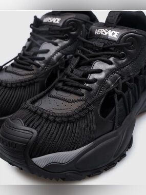 Versace Black Sneakers Rear Metal Logo Leather Trainers  US 12 NWT + Dust Bag